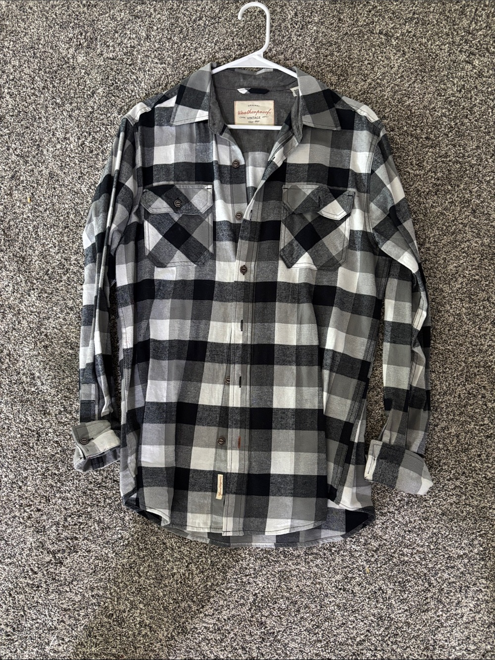 Weatherproof “BRIDE” Black and Gray Plaid Button-Down Shirt